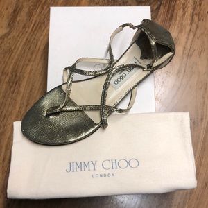 Jimmy Choo Danby Gold Metallic Lizard Print Sandals, size 38.5